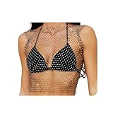 KSJEHW Mesh Kristall Top Festival Outfit Strasssteine Fischnetz ausgehöhltes Tank Top glitzerndes Körper Accessoire für Frauen und Mädchen