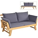 COSTWAY Gartenbank mit Liegefunktion, Gartensofa mit Auflagen und klappbaren Armlehne, Balkonbank aus Holz, Sitzbank für Garten, Terrasse, Balkon, 198 x 75 x 75 cm (Grau)