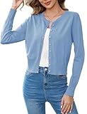 Aottori Cardigan Damen Kurz Strickjacke Langarm Elegant Bolero Festlich Gestrickt Jacke Rundhalsausschnitt Bolerojacke Knopfleiste Einfarbig für Herbst Blau XL