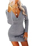 Ebifin Damen Strickkleid Elegant Pulloverkleid V-Ausschnitt Strickpullover Sexy Bodycon Winterkleid Minikleid Mit Reißverschluss.Grau.S