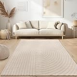 Paco Home Moderner Wohnzimmer Teppich Kurzflor Skandinavisch Japandi Stil Panglao Einfarbig Hoch-Tief-Effekt Abstraktes Muster 3D Effekt weicher Flor Creme, Grösse:160x220 cm