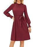Damen Midikleider Tunika Kleid Herbstkleid Langarm Minikleid Freizeitkleid Elegant Ribbed A-Linie Kleider Weinrot M