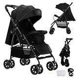 Reenborn Ultraleichter Kinderwagen mit nur 4,6 kg mit Verstellbarer Liegeposition, Buggy Reisebuggy für Babys bis 15 kg, Kompakter, Tragbarer, Zusammenklappbarer Kinderbuggy mit Zubehör (A8 Black)