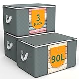 WALL QMER 3-Pack 90L Aufbewahrungsbeutel, Aufbewahrungsboxen mit Deckel, Schrank-Organizer mit Griffen, Faltbare Unter-Bett-Aufbewahrung für Kleidung, Decken, Kissen und Spielzeug, Grau