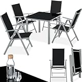 tectake® Gartenmöbel Set mit Tisch und 4 klappbaren Stühlen mit Verstellbarer Rückenlehne, Aluminium Gartenmöbel 4+1, Sicherheitsglas Tischplatte, Gartentisch mit Stühlen, wetterfest - Silber