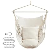 SONGMICS Hängesessel, Hängeschaukel, Hängestuhl mit 2 Kissen, Metallkette, bis 150 kg belastbar, Indoor und Outdoor, Wohnzimmer, Schlafzimmer, cremeweiß GDC197M01