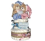 dubistda© Windeltorte Zwillinge Bärengeschwister inkl. 2x Spieluhr Teddybär - Geschenk für Zwillinge zur Geburt - inkl. 2 süßen Spieluhren / 50-teilig (rosa/blau)