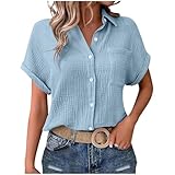 Musselin Bluse Damen Dünne Baumwolle Leinenbluse Oversized Leinenhemd Elegant Einfarbig Longbluse Revers Einreihiges Hemd Große Größen V-Ausschnitt Musselin Hemd mit Taschen Button Down Oberteile