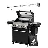 Feuergott Gasgrill Hektor 4B-S inkl. Drehspieß und Abdeckhaube mit 4 Brennern, Sear-Brenner, Gusseisen-Grillrost, Heckbrenner, Seitenkocher, Sichtfenster und Thermometer für Garten und Terrasse