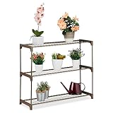 Relaxdays Blumenregal, 3 Ablagen, Blumen- & Pflanzentöpfe, Metall & Kunststoff, HxBxT: 72x91x28 cm, Kräuterregal, braun