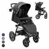 Daliya® Variyo Buggy Kinderwagen Jogger XXl Sonnenverdeck Lederbezug Kautschuk Hartgummi Räder (Set 00, Schwarz)