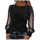 Glitzer Oberteile Damen Silvester Outfit Mesh Oberteil Netzoberteil Shirt Bluse Glitzeroberteil Partyoutfits Mesh Party Sexy Transparentes Festliche Langarm Frauen Elegant Pailletten Große Größen