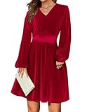 Zeagoo Kleid Damen Winterkleid Elegant Samtkleid V-Ausschnitt Weihnachts Kleider Cocktailkleid Langarm Festliche Kleider für Hochzeit Rot L