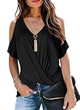 T Shirt Damen Schwarz Sommer Sexy T-Shirt V Ausschnitt Baumwolle Twist Front Cut Out Oberteile Shirts Cold Shoulder Oberteile M