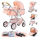 YAZOCO kinderwagen 3 in 1 Buggy Babybett Komplett Set Einem Klick Zusammenklappbarer Kinderwagen, KombiKinderwagen Aluminiumrahmen für Neugeborene (Rosa)