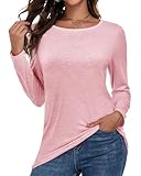 Gosunny Basic Langarmshirt Damen Einfarbiges Langarm Shirts Rundhals Pullover Tops lässig Oberteile Lose Longshirt(Rosa,L)