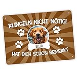 Hundeschild mit eigenem Foto & Namen „Klingeln nicht nötig!“ - 40 x 28 cm - Lustiges Vorsicht Hund Warnschild - wetterfest & rostfrei & Bohrlöcher - Aluminium, Stärke 0,5 mm