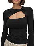 Sukiglam Langarmshirt Damen Sexy Cut Out Ausschnitt Glockenärmel Oberteil mit Gedrehten Knoten Elegant Y2K Tops Enge Pullover Basic Bluse Slim Fit T-Shirt Einfarbig Lässig Oberteile Herbst Streetwear