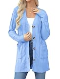 Aottori Damen Strickjacke Langarm Cardigan Grobstrick Elegant Strickmantel Open Front Casual Pullover Strick mit Knöpfen und Taschen Blau XL
