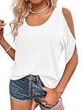 Fisoew T Shirt Damen Rundhalsausschnitt Oberteile Schulterfrei Tops Sommer Kurzärmeliges Casual Tee Shirts Bluse.Weiß.M