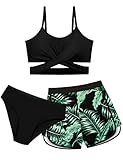 Dearnow Mädchen Badeanzug 3-teilig Badeanzug Criss Cross Bikini Set Mädchen Bademode mit Shorts 7-16T, Schwarz, 13-14 Jahre