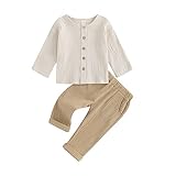 Yassiglia Baby Jungen Musselin Kleidung Set Kleinkinder Sommer Herbst 2-teiliges Outfit Button Down Langarm-T-Shirt + Lange Hosen Loungewear (Khaki, 6-12 Months)
