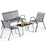 Wiltec 4-teiliges Gartenmöbel Set Hellgrau, Sitzgruppe Gartentisch mit Glasplatte, Lounge Set mit 2-Sitzer-Bank und 2 Gartenstühlen max. je 120 kg