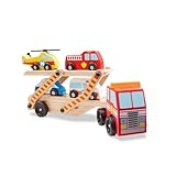 Melissa & Doug - Autotransporter mit Rettungsfahrzeugen, 6-teilig, Spielzeugauto aus Holz, Für Kinder ab 3 Jahren