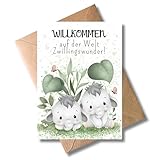 Glückwunschkarte zur Geburt von Zwillingen - Bezaubernde Geschenkkarte mit Umschlag 'Willkommen auf der Welt Zwillingswunder' Herzliche Glückwünsche Babyglückwünsche Willkommenskarte Kind (DIN A6)