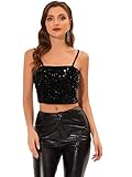 Allegra K Damen Pailletten Oberteil Ärmellos Tanktop Spaghettiträger Glitzer Cami Party Crop Top Schwarz S