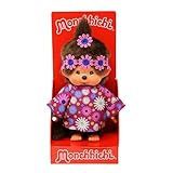 Sekiguchi 252893 - Original Monchhichi Mädchen Flower Power in Lila und Blau, ca. 20 cm großes Kuscheltier aus braunem Plüsch