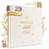 EULENTALER® Das Babyalbum mein erstes Jahr 'BOHO' I Von Pädagogen gestaltet I Mit handgemalten süßen Illustrationen I Echtes Leinencover + Goldprägung I Babytagebuch für Jungs & Mädchen zur Geburt