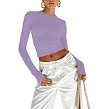 OYIGELZ Langarmshirt Damen Basic T-shirt Langarm Crop Top Y2K Slim Fit Oberteile Casual Rundhals Tee shirt(Lila,S)