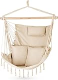 Outtec Hängesessel 100x130x75cm – bis 140 kg - Outdoor Sessel mit Kissen - Sitzsack zum Hängen Schaukel Für Garten und Zimmer – Boho – Fransen Brasilianischer Stuhl - Beige