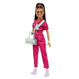 Barbie Fashionista - Puppe in pinkem Jumpsuit mit Accessoires und Welpen für Styling-Spaß und Geschichtenerzählen, braune Haare mit Pony, für Kinder ab 3 Jahren, HPL76