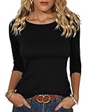 Totatuit Tshirt Damen 3/4 Arm Basic Shirt mit Bateau Ausschnitt Slim Fit Einfarbig Langarmshirt Stretch Sommer Figurbetontes Oberteil Schwarz S
