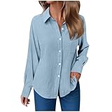 Generisch Blusentop Musselin Bluse Damen Langarm – Aus Baumwollmix (60 %) mit Knopfleiste, Strukturierter Stoff, Umlegekragen – Locker & Bequem für Alltag, Büro, Outdoor Hellblau