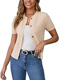 Enjyam Damen Kurze Strickjacke Elegant Kurzarm Rundhals Cardigan Leicht Dünn Bolero Jäckchen über Top Kleid Beige,S