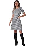Allegra K Kariertes A-Linien-Kleid für Damen, Rundhalsausschnitt, Kontrastbesatz, elegantes Hahnentritt-Kleid, Schwarz , L