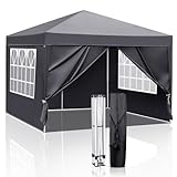 LEADZM Pavillon 3x3m Pop-up Faltpavillon,Wasserdichter,Höhenverstellbar,UV Schutz 50+,Gartenzelt,Partyzelt,Camping,Stahlrahmen,mit 4 Seitenteilen,Dunkelgrau