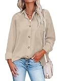 Hotouch Hemd Damen Beige Bluse Langarmshirt mit Knöpfen für Frühling Arbeit Orberteil Beige S