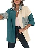 Dokotoo Bluse Damen Musselin Langarmshirt Baumwolle Lässig Oberteile Hemd Langarm Farbblock Shirts Knopfleiste Tops Hemdjacke Grün 2XL