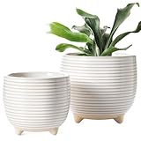 LE TAUCI 2 er Pack Keramik Blumentöpfe mit Füßen, 12+16 cm Durchmesser Klein Übertöpfe Set, Blumentopf für Zimmerpflanzen mit Abflussloch, Reaktive Glasur Weiß