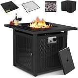 TLSUNNY Gas Feuerstelle, Feuerstelle inkl. Wasserfeste Schutzhülle, Lavasteinen, Tischplatte & Funkenschutz,72.5*72.5*67.5 cm,14,5 kW, 28 Zoll Gaskamin Outdoor, Automatische Zündung,Esstisch & Heizung