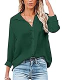 NONSAR Damen Bluse V-Ausschnitt Hemden Elegant Langarm Casual Arbeit Oberteile mit Knöpfen Tops Langarmshirt (M, Dunkelgrün)