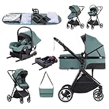 Zkipm kinderwagen 3 in 1, Kinderwagenset mit Isofix Basis & Sitz, Babybett ist Zusammenklappbar, Zwei-Wege-Schub Babywagen, Liegeposition verstellbar, Große ausziehbare Verdeck, bis 15 kg,0-3 Jahre