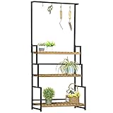Outsunny 3-Etagen Pflanzenregal Blumentreppe aus Metall und Massivholz Pflanzenständer mit Befestigungshaken für den Garten Schwarz+Natur