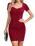 Missufe Damen Glitzer Party Cocktailkleid Bodycon V-Ausschnitt Kurzarm Figurbetont Abendkleider (Rot, Groß)