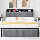 VECELO Polsterbett 140 x 200cm Doppelbett mit 2 Steckdosen und 2 USB-Anschlüssen, Gepolstertes Bettgestell mit Kopfteil und Lattenrost, viel Stauraum unter dem Bett, für Schlafzimmer Gästezimmer, Grau