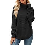 QIANSIQIANBO Pullover Damen Herbst Rippstrick Rollkragenpullover Lockerer lässiger Langarm Pullover Mit Schlitz Weicher Pullover (XL) Schwarz